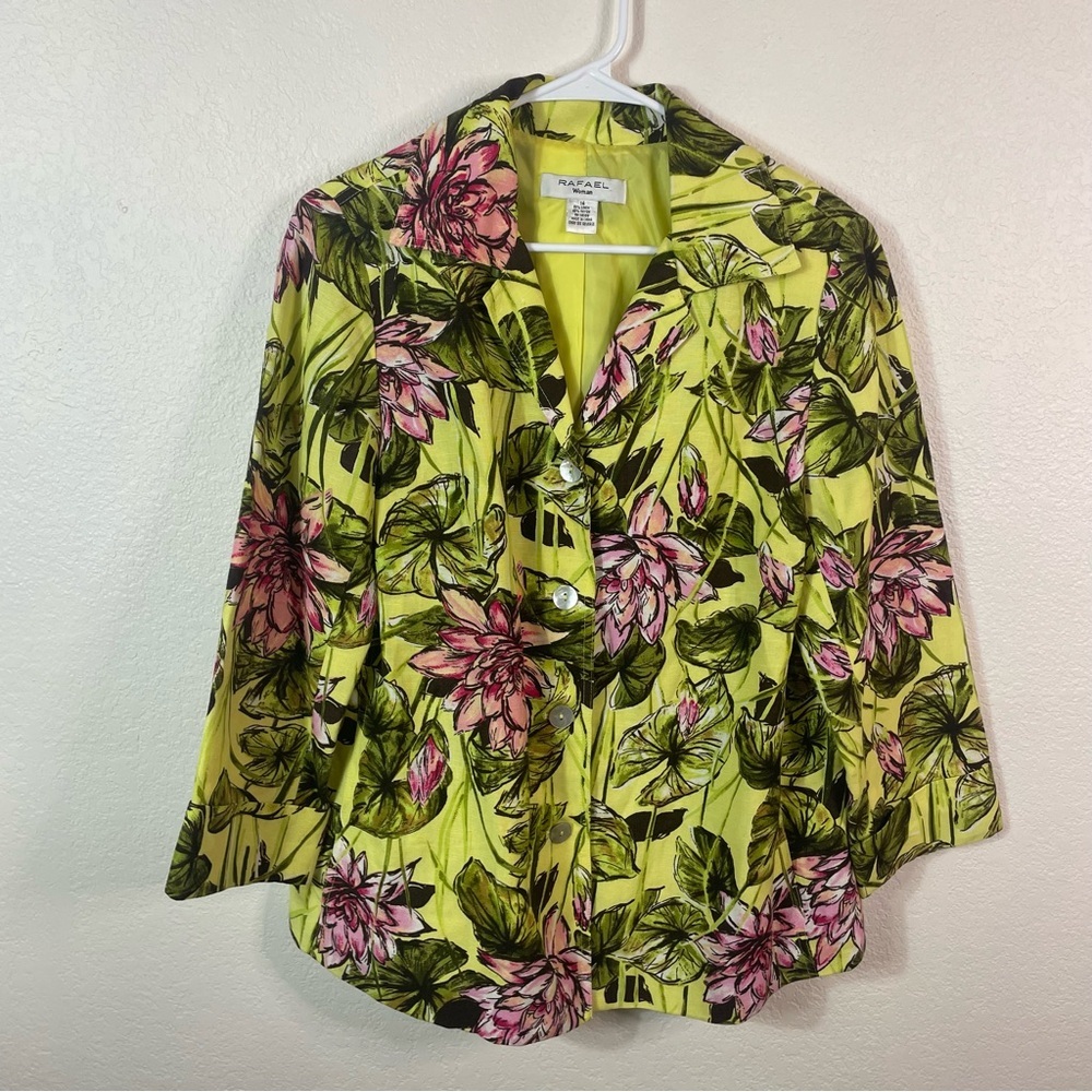 Rafael Woman Tropical Print Linen‎ Blend Lightweight Lined Blazer size 14